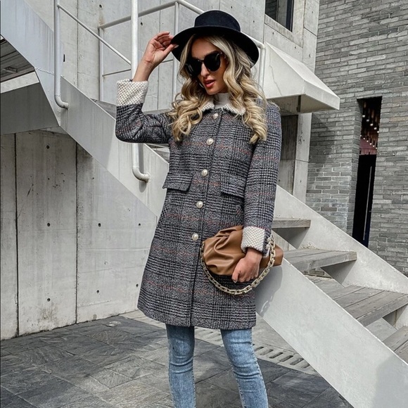 Tweed plaid trench peacoat houndstooth vintage tan - Picture 10 of 14